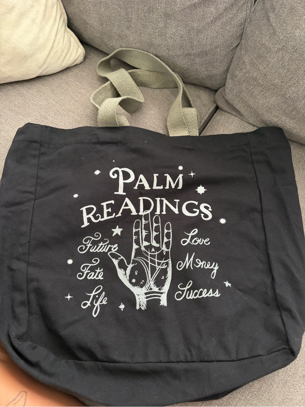 Palm Readings Black Canvas Tote Bag with grey Straps